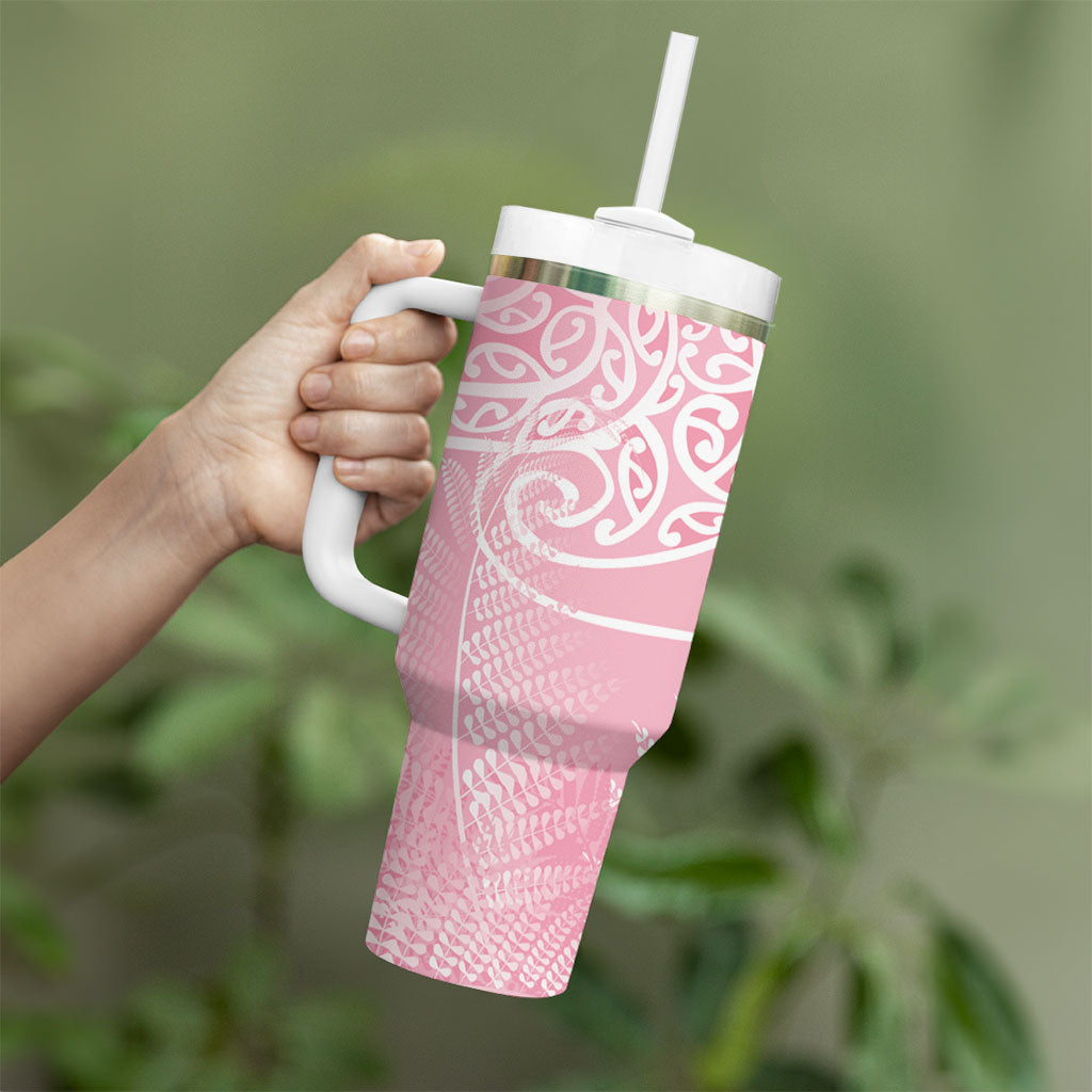 Aotearoa Maori Koru Curves Tumbler With Handle Silver Ferns - Rose Pink LT7 - Polynesian Pride
