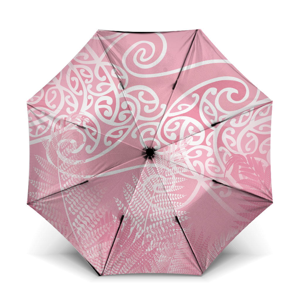 Aotearoa Maori Koru Curves Umbrella Silver Ferns - Rose Pink LT7 One Size Folded 11.42 inch Opened Diameter 37.4 inch Pink - Polynesian Pride