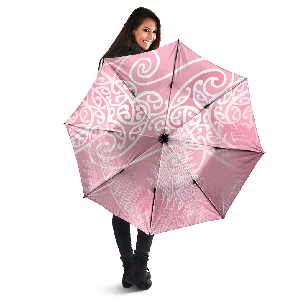 Aotearoa Maori Koru Curves Umbrella Silver Ferns - Rose Pink LT7 - Polynesian Pride