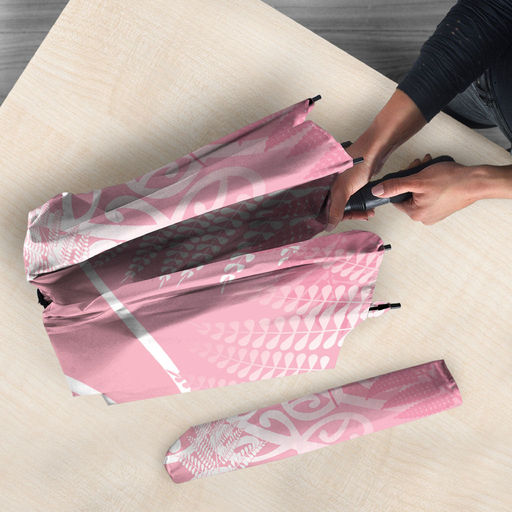 Aotearoa Maori Koru Curves Umbrella Silver Ferns - Rose Pink LT7 - Polynesian Pride