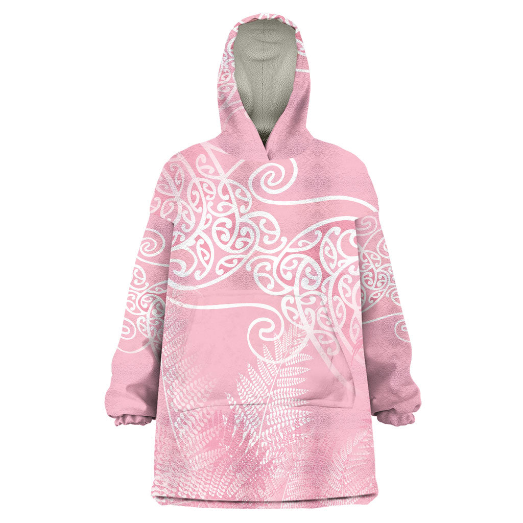 Aotearoa Maori Koru Curves Wearable Blanket Hoodie Silver Ferns - Rose Pink LT7 One Size Pink - Polynesian Pride