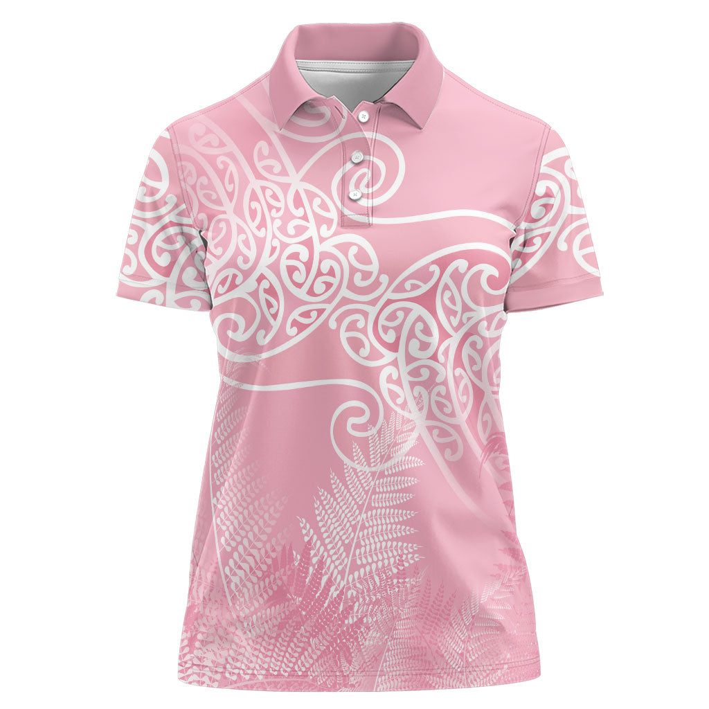 Aotearoa Maori Koru Curves Women Polo Shirt Silver Ferns - Rose Pink LT7 Female Pink - Polynesian Pride