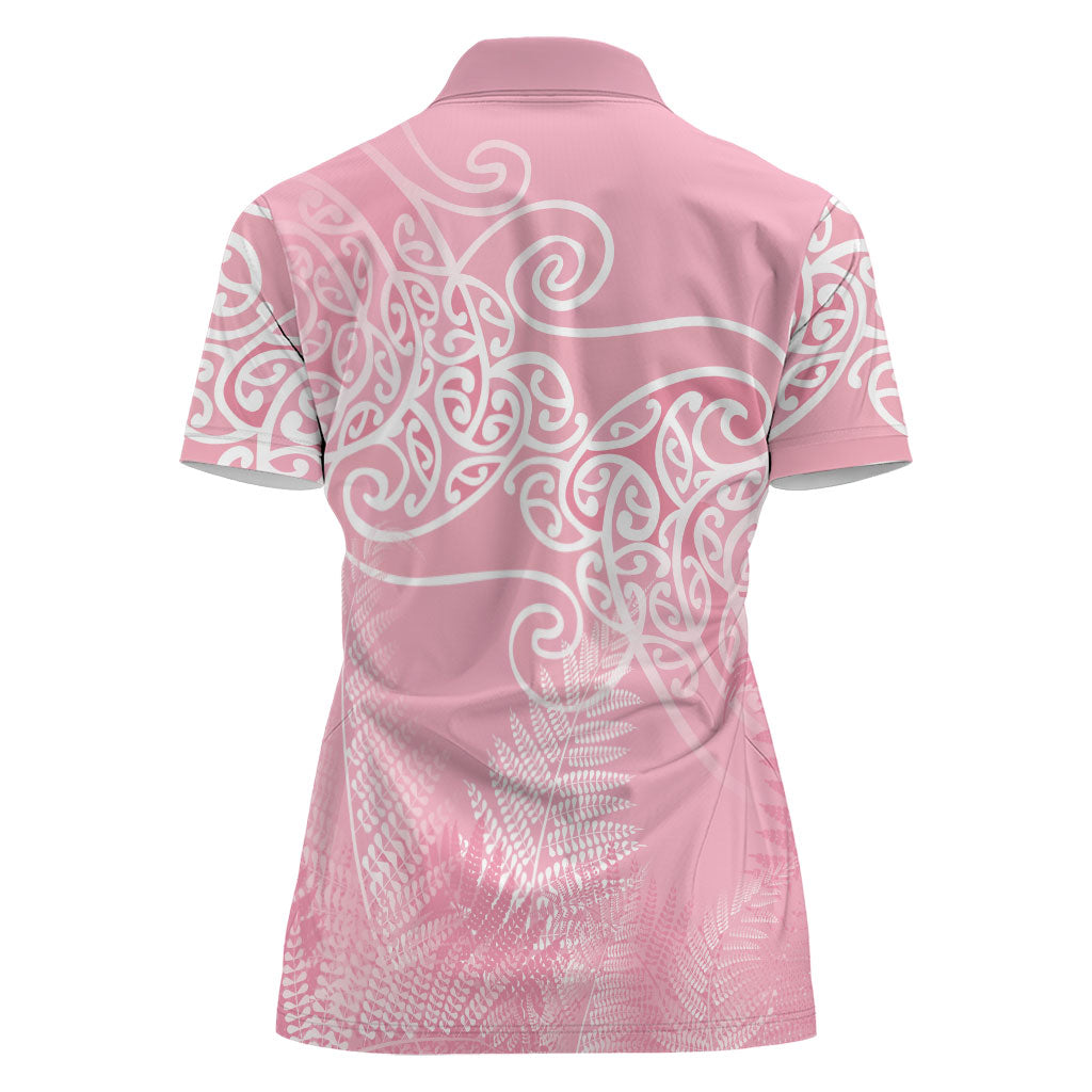 Aotearoa Maori Koru Curves Women Polo Shirt Silver Ferns - Rose Pink LT7 - Polynesian Pride