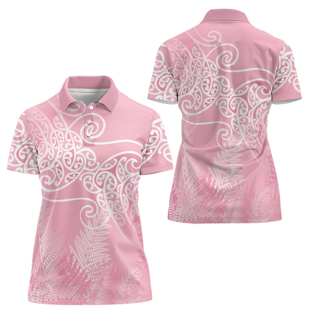 Aotearoa Maori Koru Curves Women Polo Shirt Silver Ferns - Rose Pink LT7 - Polynesian Pride