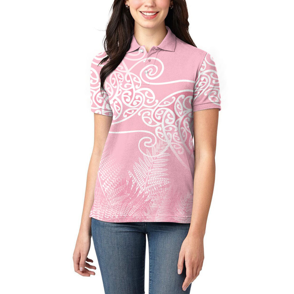Aotearoa Maori Koru Curves Women Polo Shirt Silver Ferns - Rose Pink LT7 - Polynesian Pride