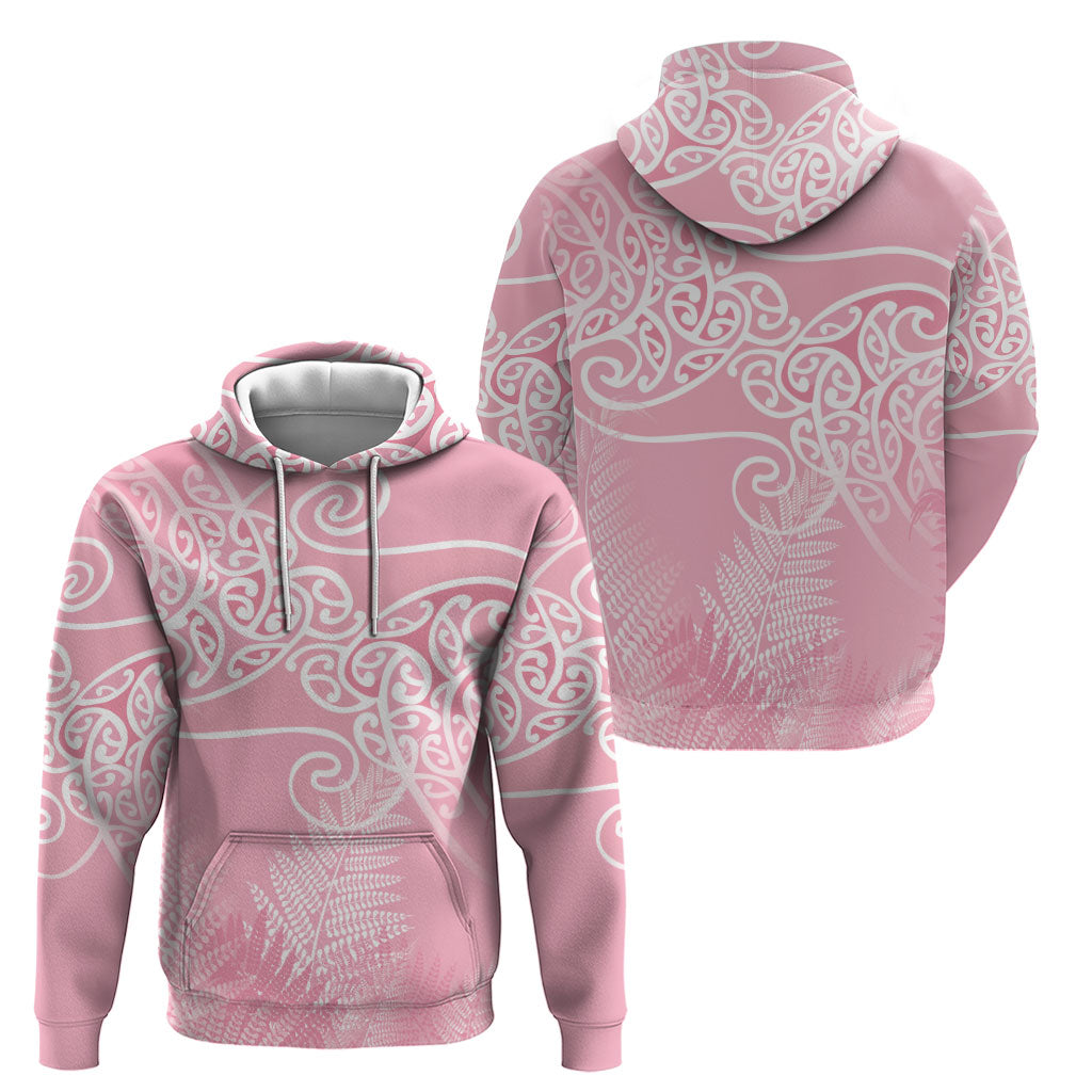 Aotearoa Maori Koru Curves Zip Hoodie Silver Ferns - Rose Pink LT7 - Polynesian Pride