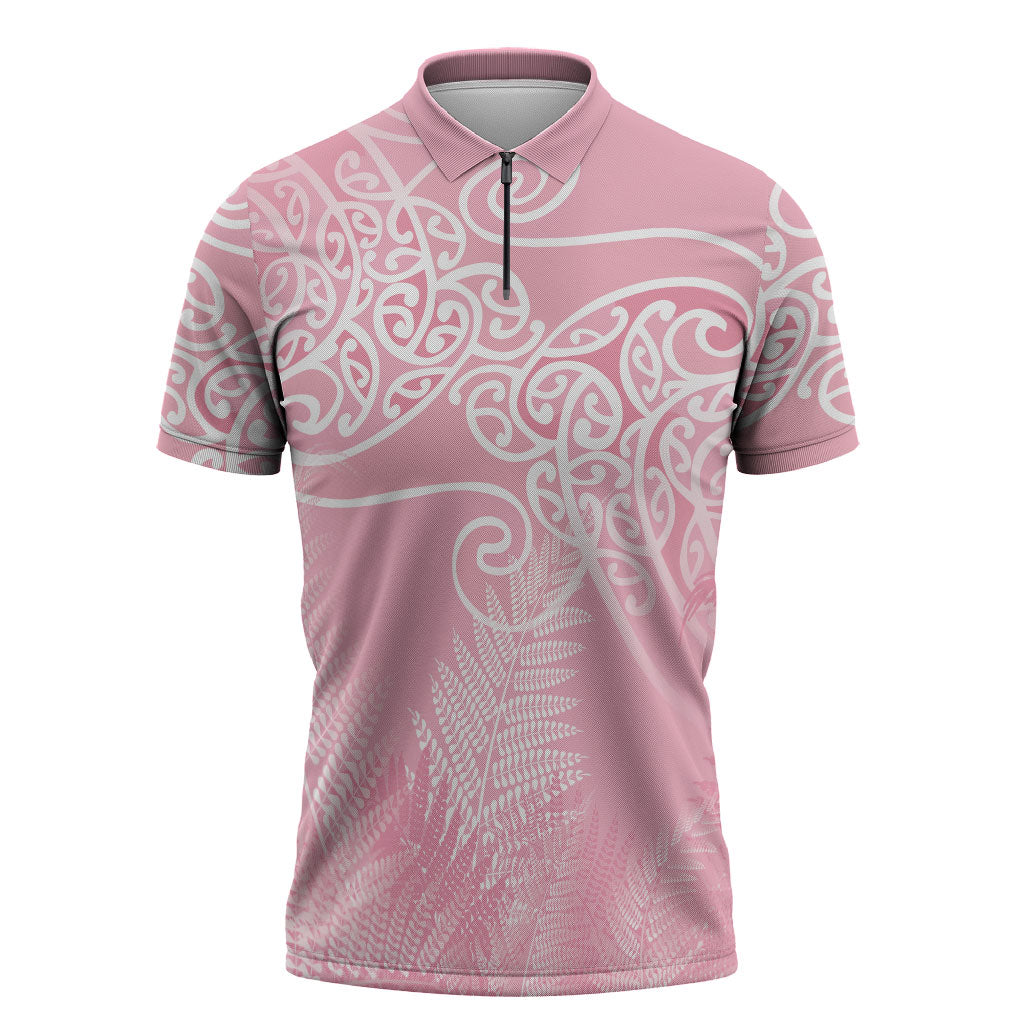 Aotearoa Maori Koru Curves Zipper Polo Shirt Silver Ferns - Rose Pink LT7 Pink - Polynesian Pride