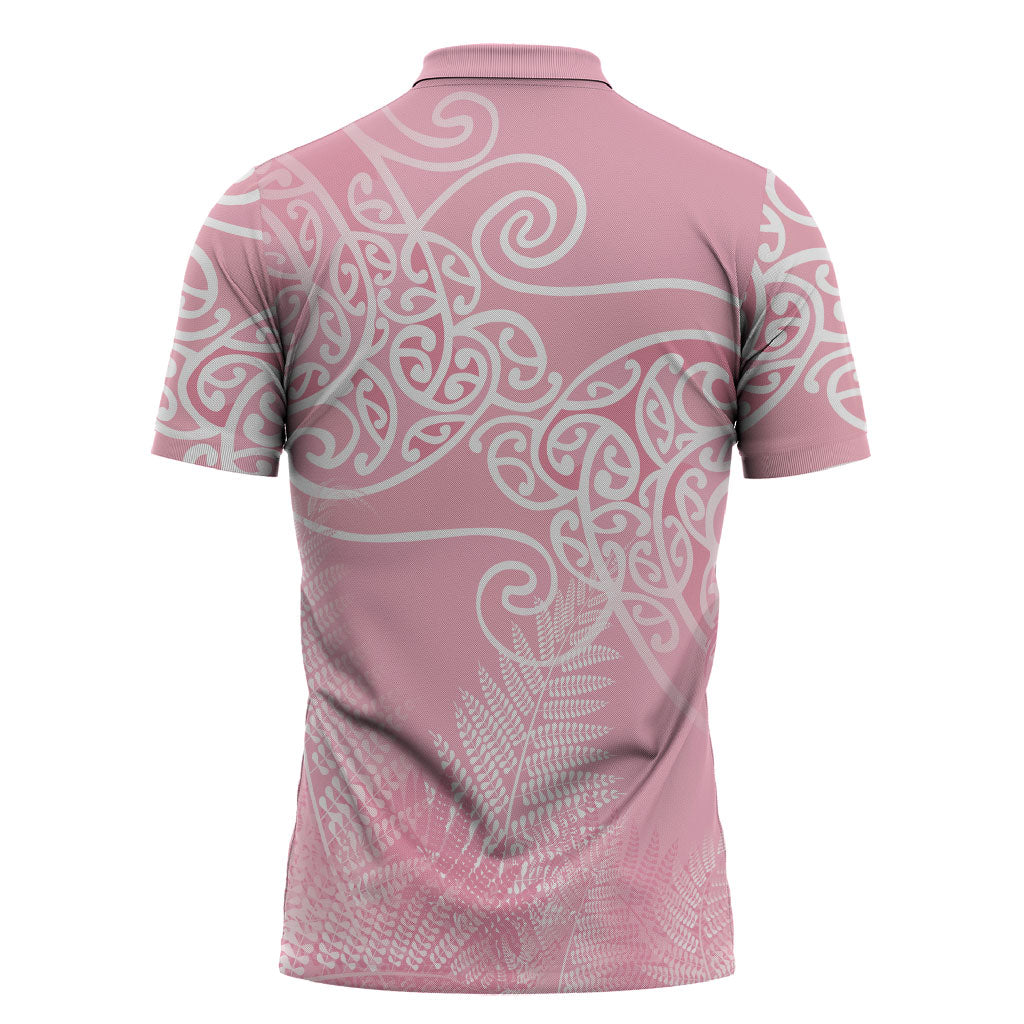 Aotearoa Maori Koru Curves Zipper Polo Shirt Silver Ferns - Rose Pink LT7 - Polynesian Pride