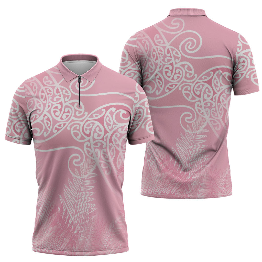 Aotearoa Maori Koru Curves Zipper Polo Shirt Silver Ferns - Rose Pink LT7 - Polynesian Pride