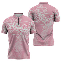 Aotearoa Maori Koru Curves Zipper Polo Shirt Silver Ferns - Rose Pink LT7 - Polynesian Pride