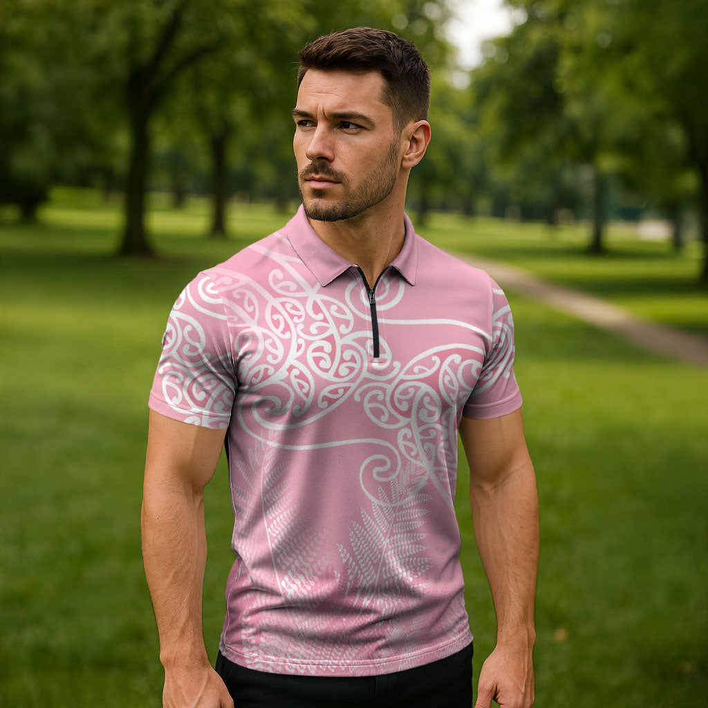 Aotearoa Maori Koru Curves Zipper Polo Shirt Silver Ferns - Rose Pink LT7 - Polynesian Pride