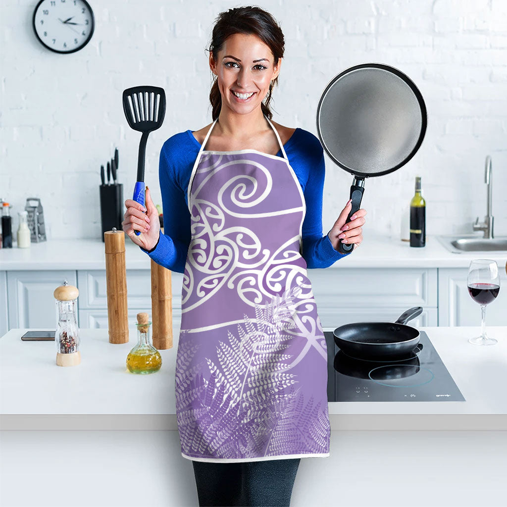 Aotearoa Maori Koru Curves Apron Silver Ferns - Amethyst LT7 - Polynesian Pride