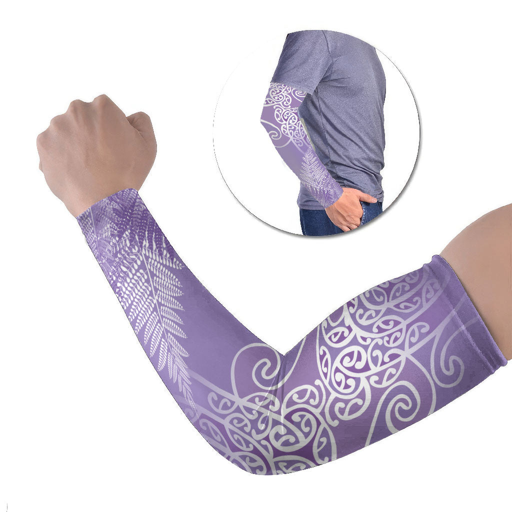 Aotearoa Maori Koru Curves Arm Sleeves Silver Ferns - Amethyst LT7 Set of 2 Purple - Polynesian Pride
