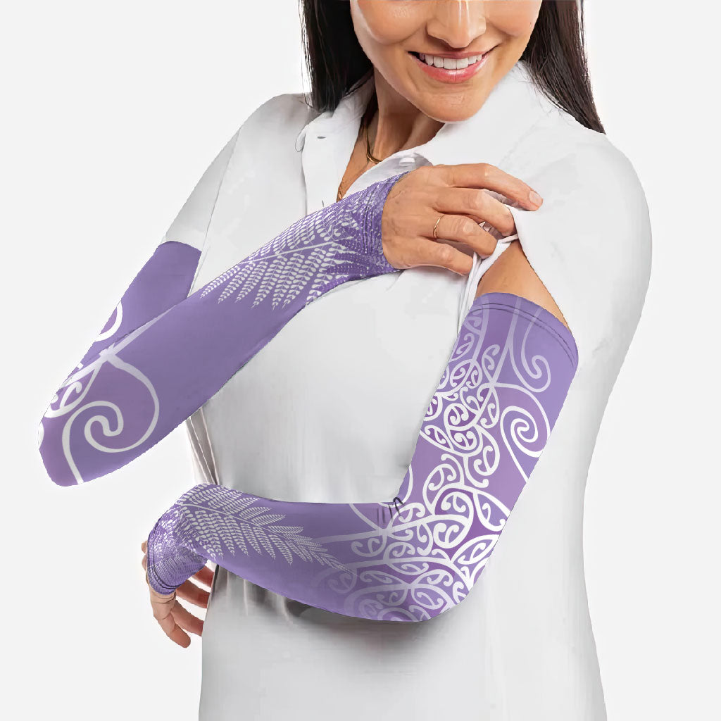 Aotearoa Maori Koru Curves Arm Sleeves Silver Ferns - Amethyst LT7 - Polynesian Pride