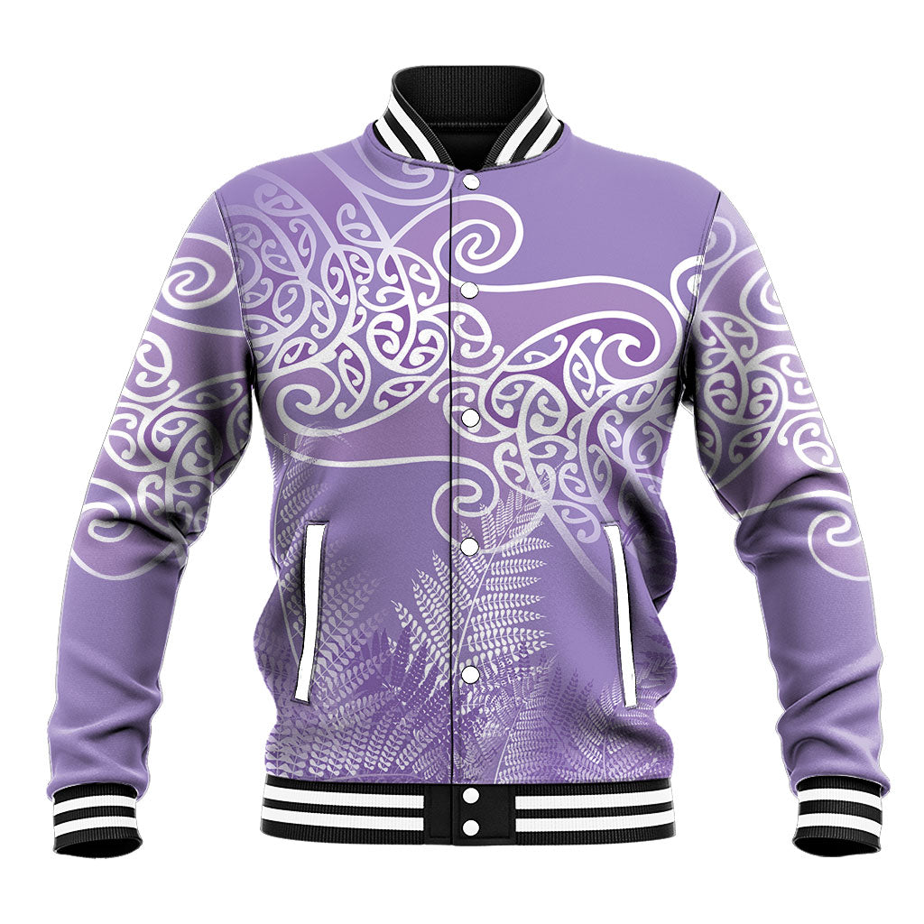 Aotearoa Maori Koru Curves Baseball Jacket Silver Ferns - Amethyst LT7 Unisex Purple - Polynesian Pride
