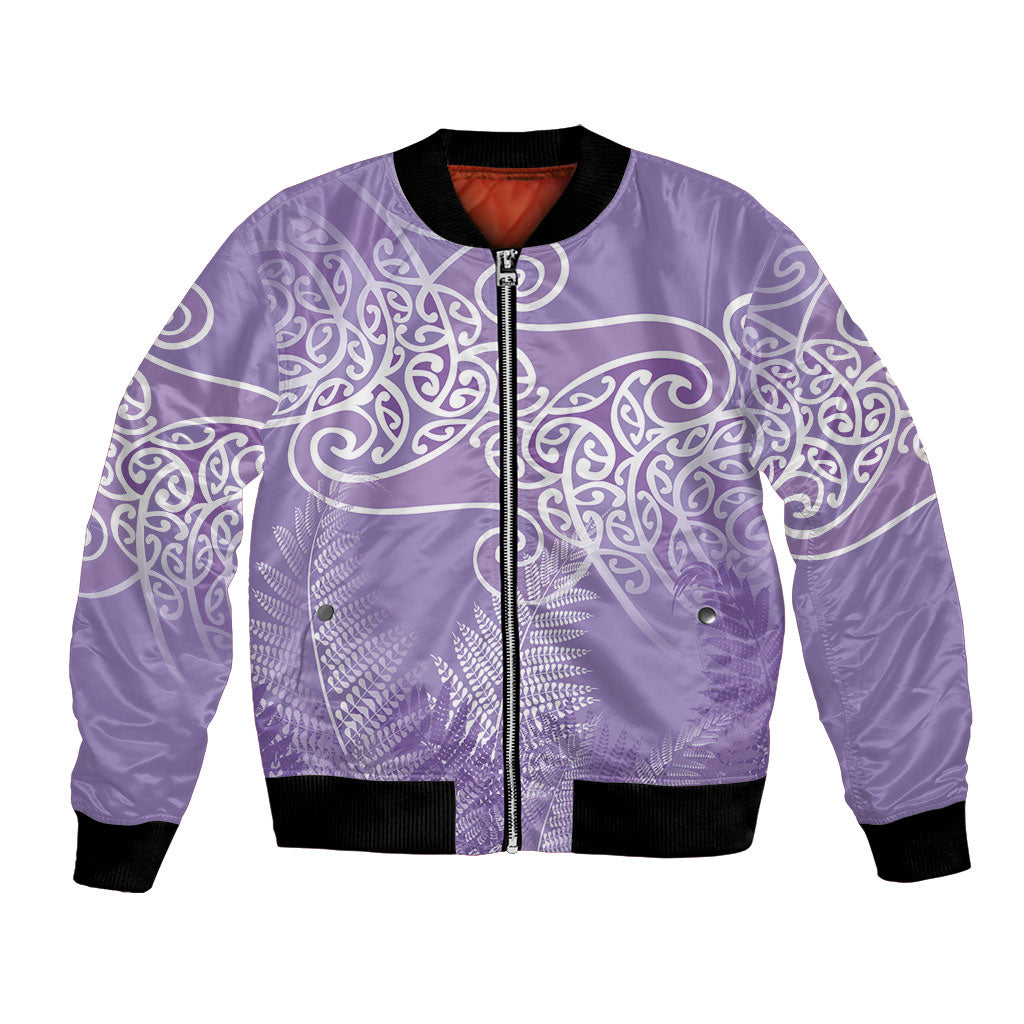 Aotearoa Maori Koru Curves Bomber Jacket Silver Ferns - Amethyst LT7 Unisex Purple - Polynesian Pride