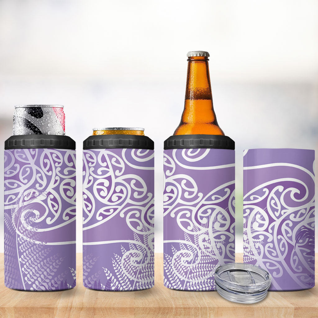 Aotearoa Maori Koru Curves 4 in 1 Can Cooler Tumbler Silver Ferns - Amethyst LT7 - Polynesian Pride