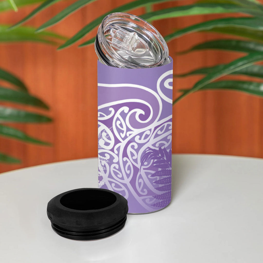 Aotearoa Maori Koru Curves 4 in 1 Can Cooler Tumbler Silver Ferns - Amethyst LT7 - Polynesian Pride