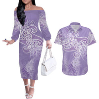 Aotearoa Maori Koru Curves Couples Matching Off The Shoulder Long Sleeve Dress and Hawaiian Shirt Silver Ferns - Amethyst