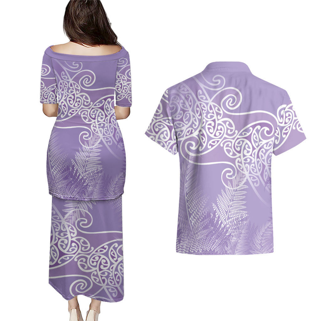 Aotearoa Maori Koru Curves Couples Matching Puletasi and Hawaiian Shirt Silver Ferns - Amethyst LT7 - Polynesian Pride