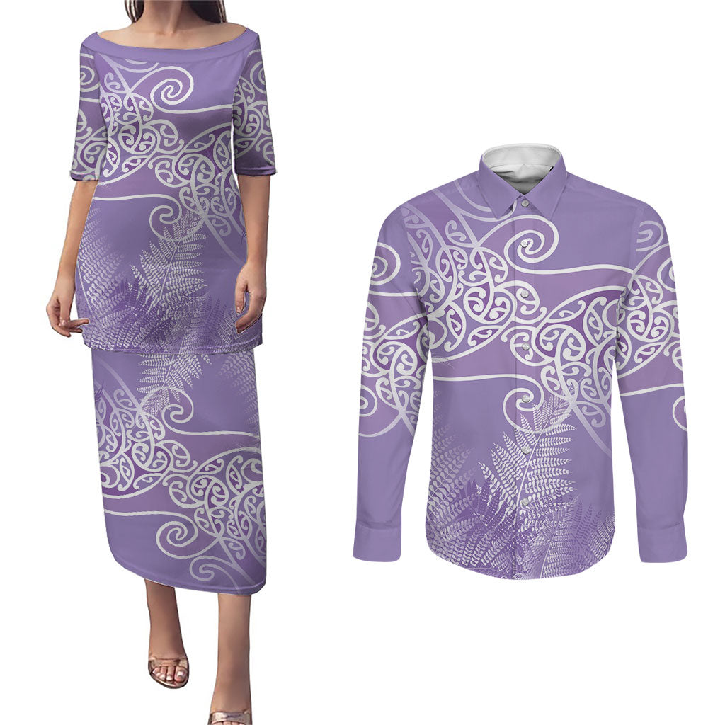 Aotearoa Maori Koru Curves Couples Matching Puletasi and Long Sleeve Button Shirt Silver Ferns - Amethyst LT7 Purple - Polynesian Pride