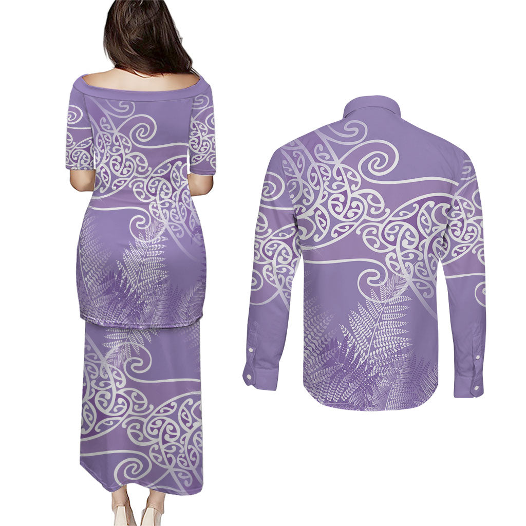 Aotearoa Maori Koru Curves Couples Matching Puletasi and Long Sleeve Button Shirt Silver Ferns - Amethyst LT7 - Polynesian Pride