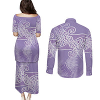 Aotearoa Maori Koru Curves Couples Matching Puletasi and Long Sleeve Button Shirt Silver Ferns - Amethyst LT7 - Polynesian Pride