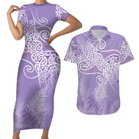 Aotearoa Maori Koru Curves Couples Matching Short Sleeve Bodycon Dress and Hawaiian Shirt Silver Ferns - Amethyst