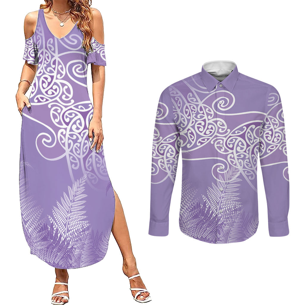 Aotearoa Maori Koru Curves Couples Matching Summer Maxi Dress and Long Sleeve Button Shirt Silver Ferns - Amethyst LT7 Purple - Polynesian Pride