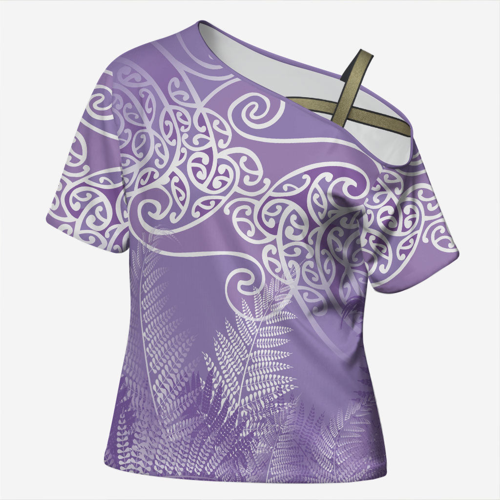 Aotearoa Maori Koru Curves Cross Shoulder Shirt Silver Ferns - Amethyst LT7 Female Purple - Polynesian Pride