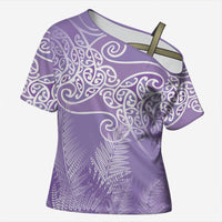 Aotearoa Maori Koru Curves Cross Shoulder Shirt Silver Ferns - Amethyst LT7 Female Purple - Polynesian Pride