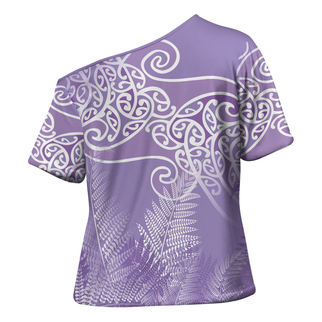 Aotearoa Maori Koru Curves Cross Shoulder Shirt Silver Ferns - Amethyst LT7 - Polynesian Pride