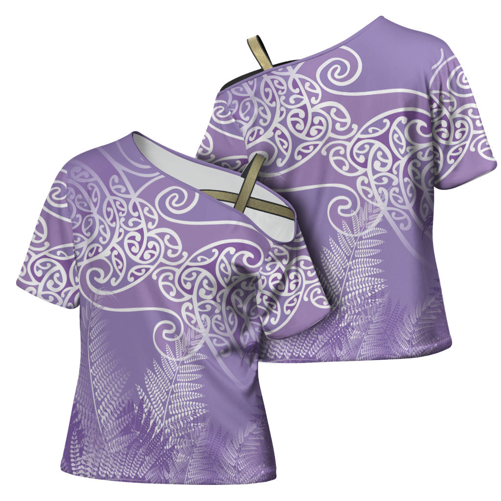 Aotearoa Maori Koru Curves Cross Shoulder Shirt Silver Ferns - Amethyst LT7 - Polynesian Pride