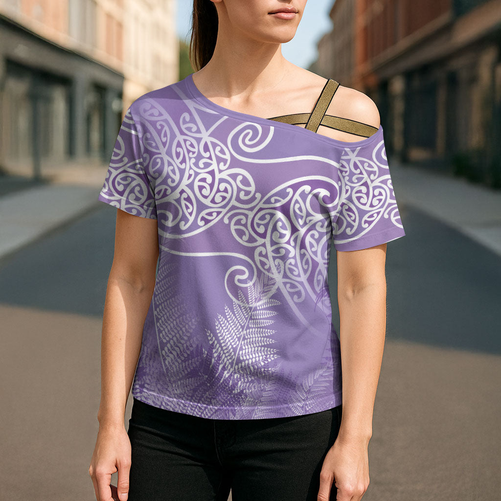 Aotearoa Maori Koru Curves Cross Shoulder Shirt Silver Ferns - Amethyst LT7 - Polynesian Pride