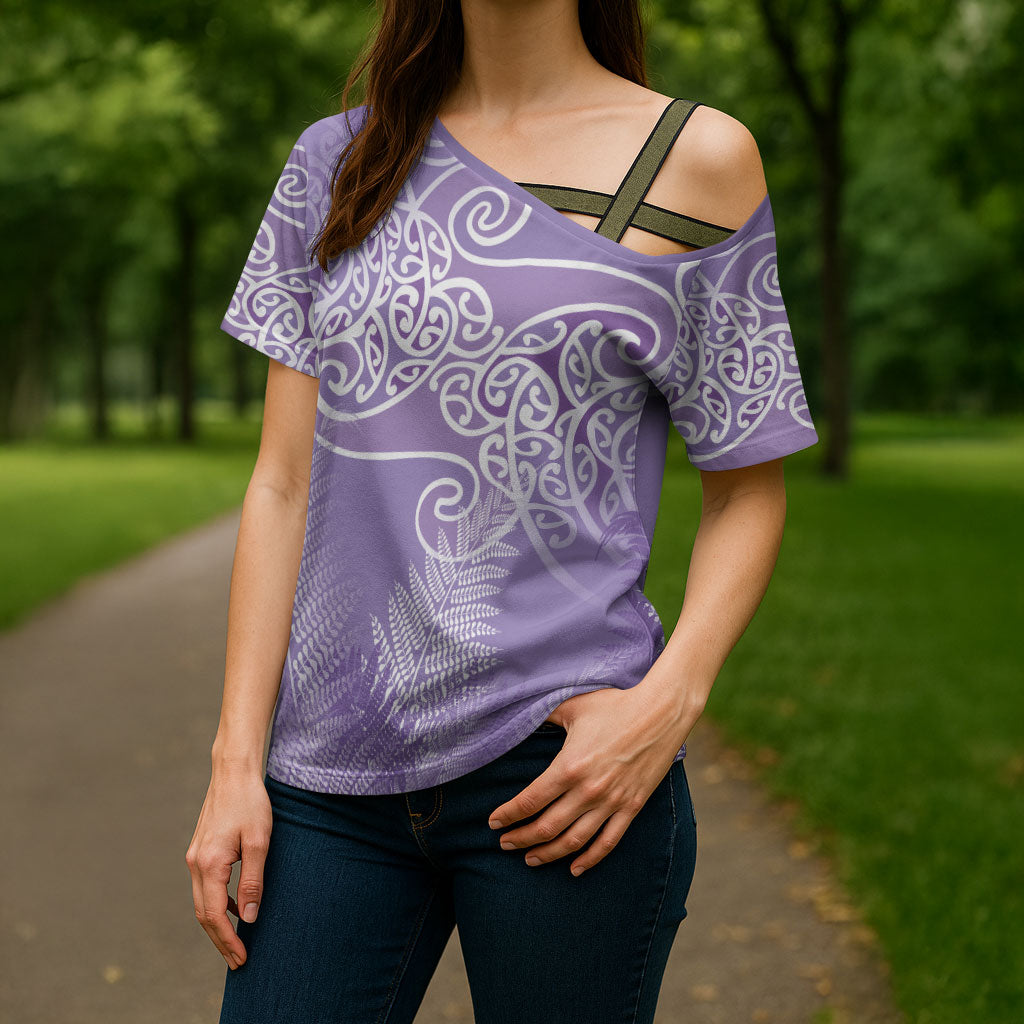 Aotearoa Maori Koru Curves Cross Shoulder Shirt Silver Ferns - Amethyst LT7 - Polynesian Pride