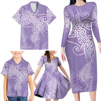 Aotearoa Maori Koru Curves Family Matching Long Sleeve Bodycon Dress and Hawaiian Shirt Silver Ferns - Amethyst