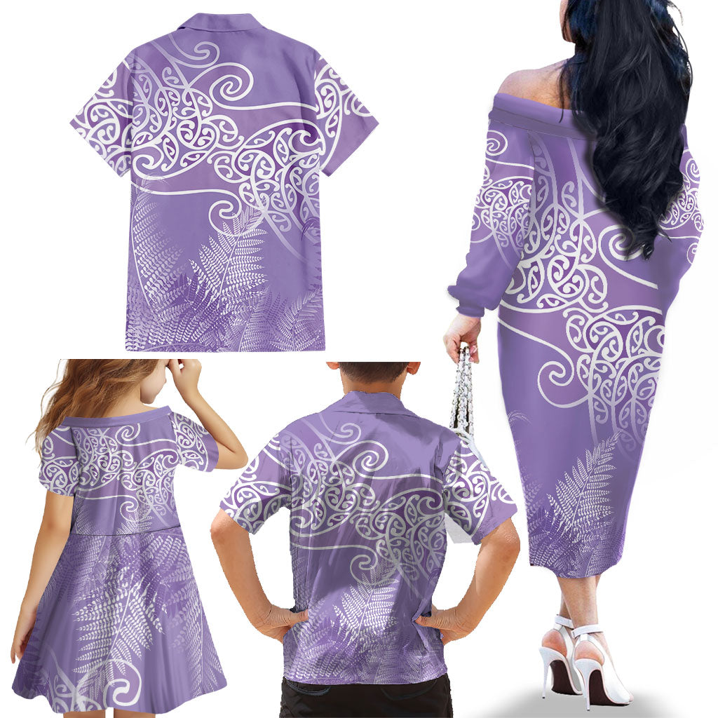 Aotearoa Maori Koru Curves Family Matching Off The Shoulder Long Sleeve Dress and Hawaiian Shirt Silver Ferns - Amethyst
