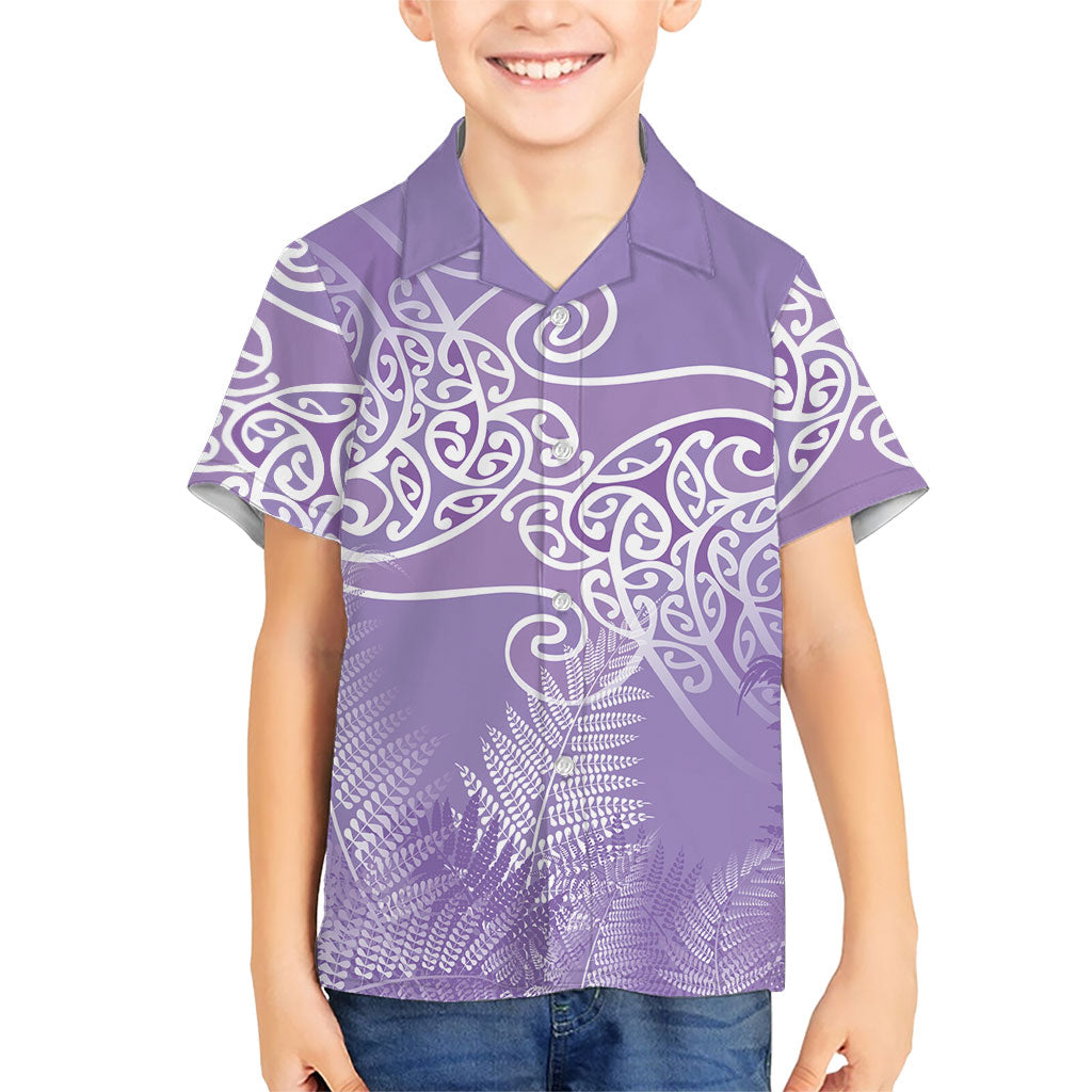 Aotearoa Maori Koru Curves Family Matching Off The Shoulder Long Sleeve Dress and Hawaiian Shirt Silver Ferns - Amethyst