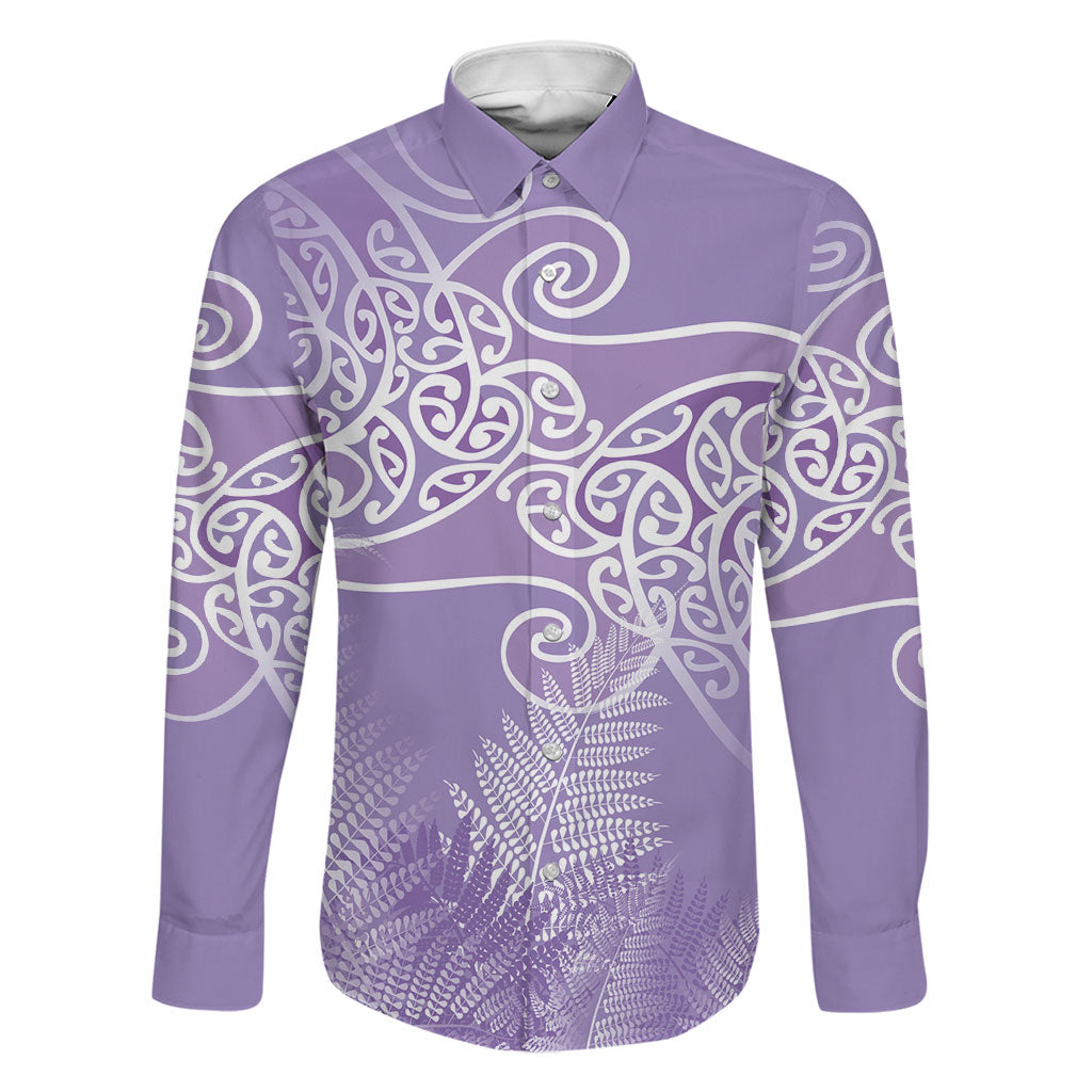 Aotearoa Maori Koru Curves Family Matching Off Shoulder Maxi Dress and Hawaiian Shirt Silver Ferns - Amethyst