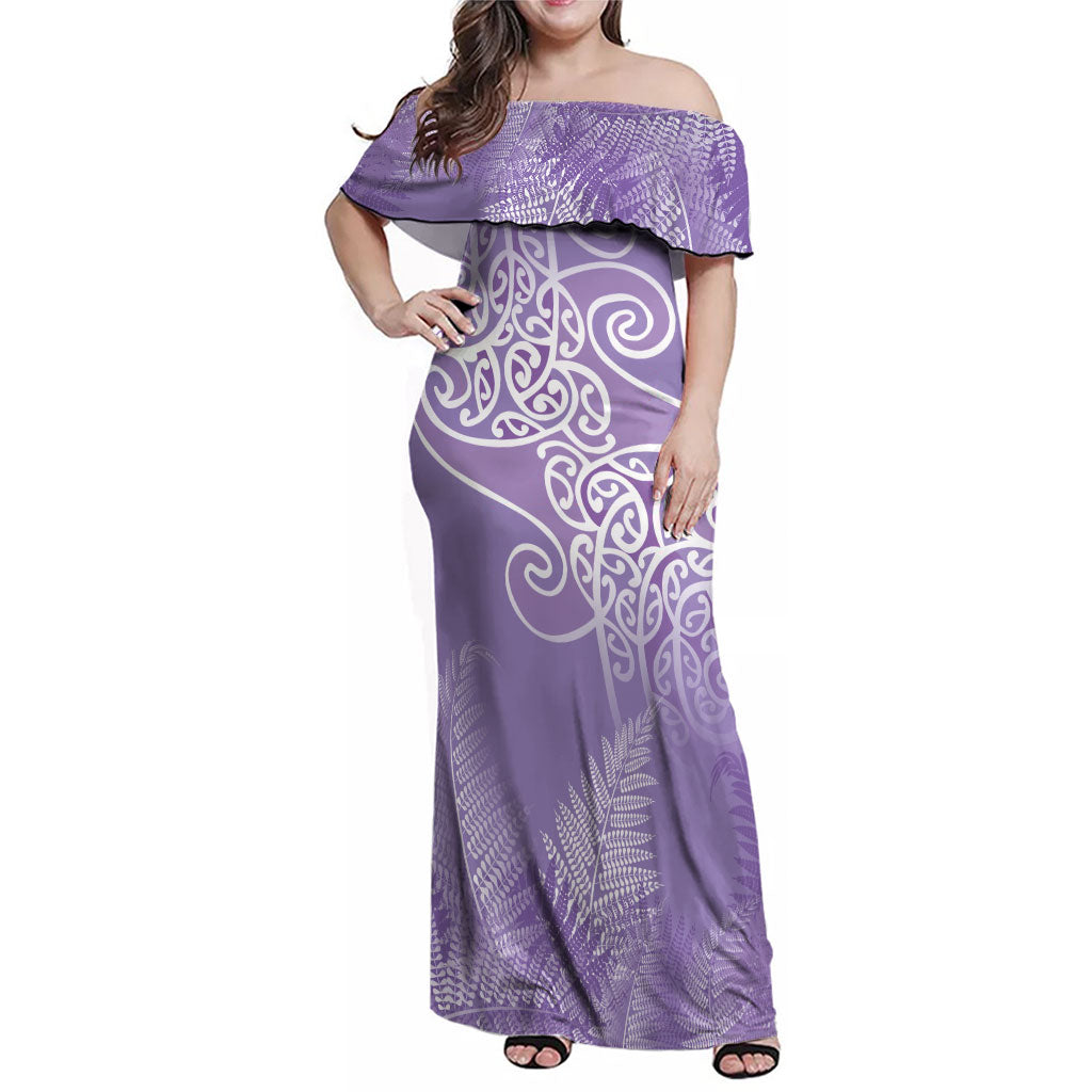 Aotearoa Maori Koru Curves Family Matching Off Shoulder Maxi Dress and Hawaiian Shirt Silver Ferns - Amethyst
