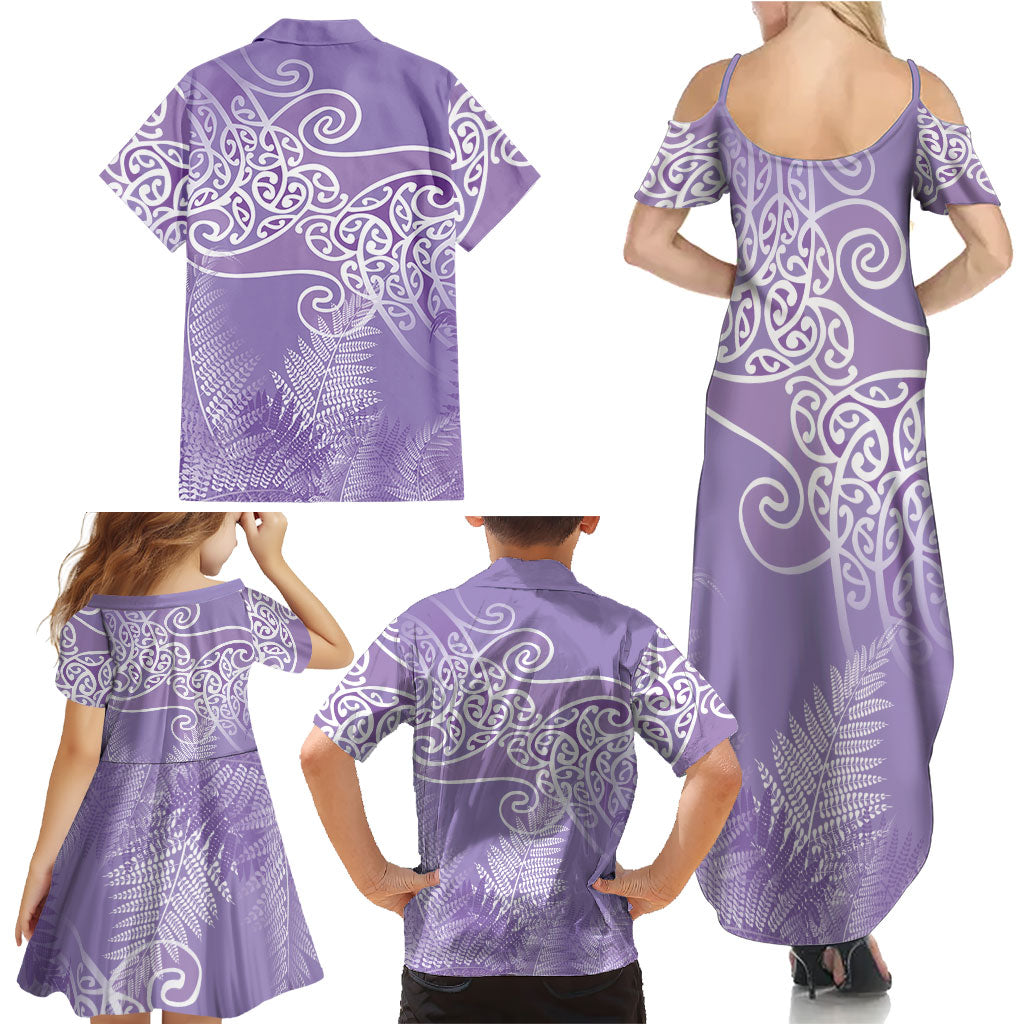 Aotearoa Maori Koru Curves Family Matching Summer Maxi Dress and Hawaiian Shirt Silver Ferns - Amethyst