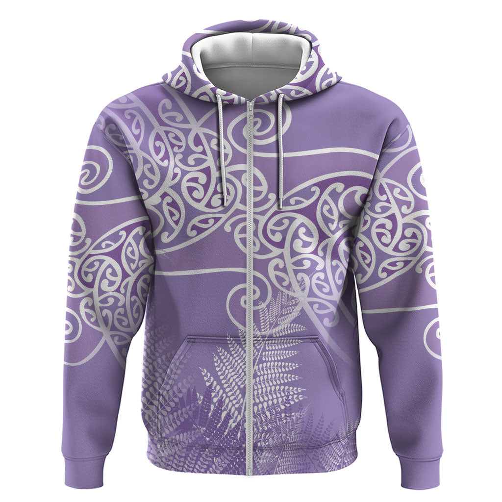 Aotearoa Maori Koru Curves Hoodie Silver Ferns - Amethyst LT7 Zip Hoodie Purple - Polynesian Pride