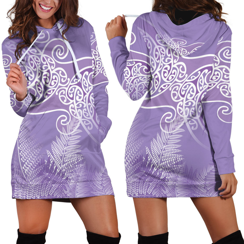 Aotearoa Maori Koru Curves Hoodie Dress Silver Ferns - Amethyst LT7 - Polynesian Pride