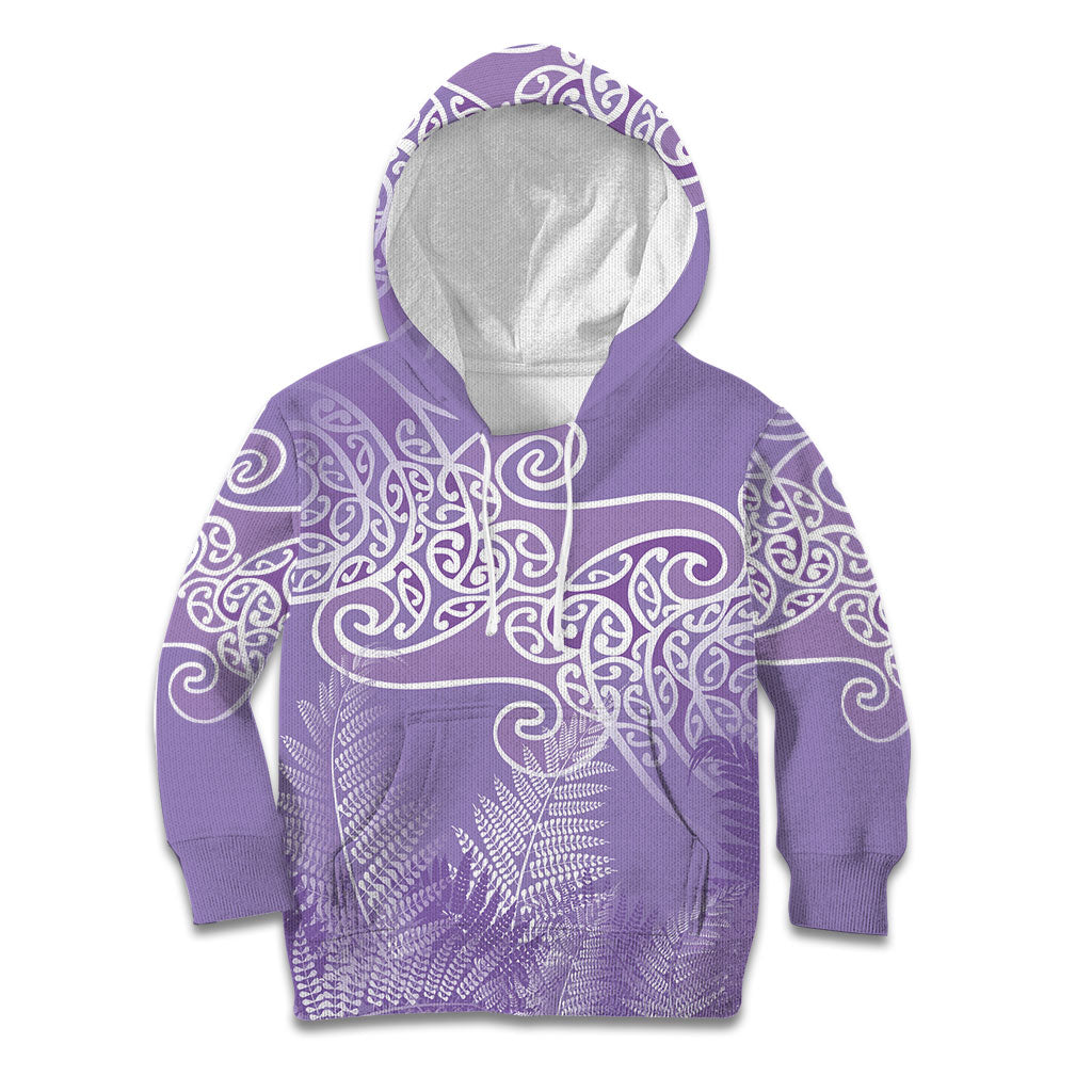 Aotearoa Maori Koru Curves Kid Hoodie Silver Ferns - Amethyst LT7 Hoodie Purple - Polynesian Pride