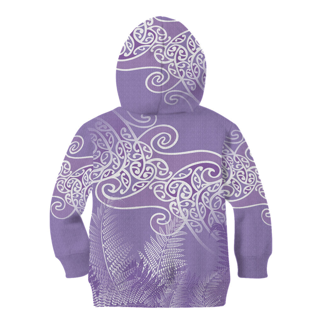 Aotearoa Maori Koru Curves Kid Hoodie Silver Ferns - Amethyst LT7 - Polynesian Pride
