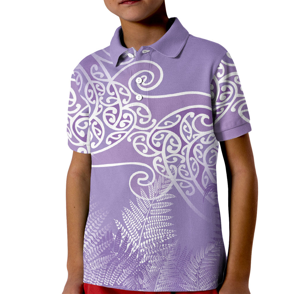 Aotearoa Maori Koru Curves Kid Polo Shirt Silver Ferns - Amethyst LT7 Kid Purple - Polynesian Pride