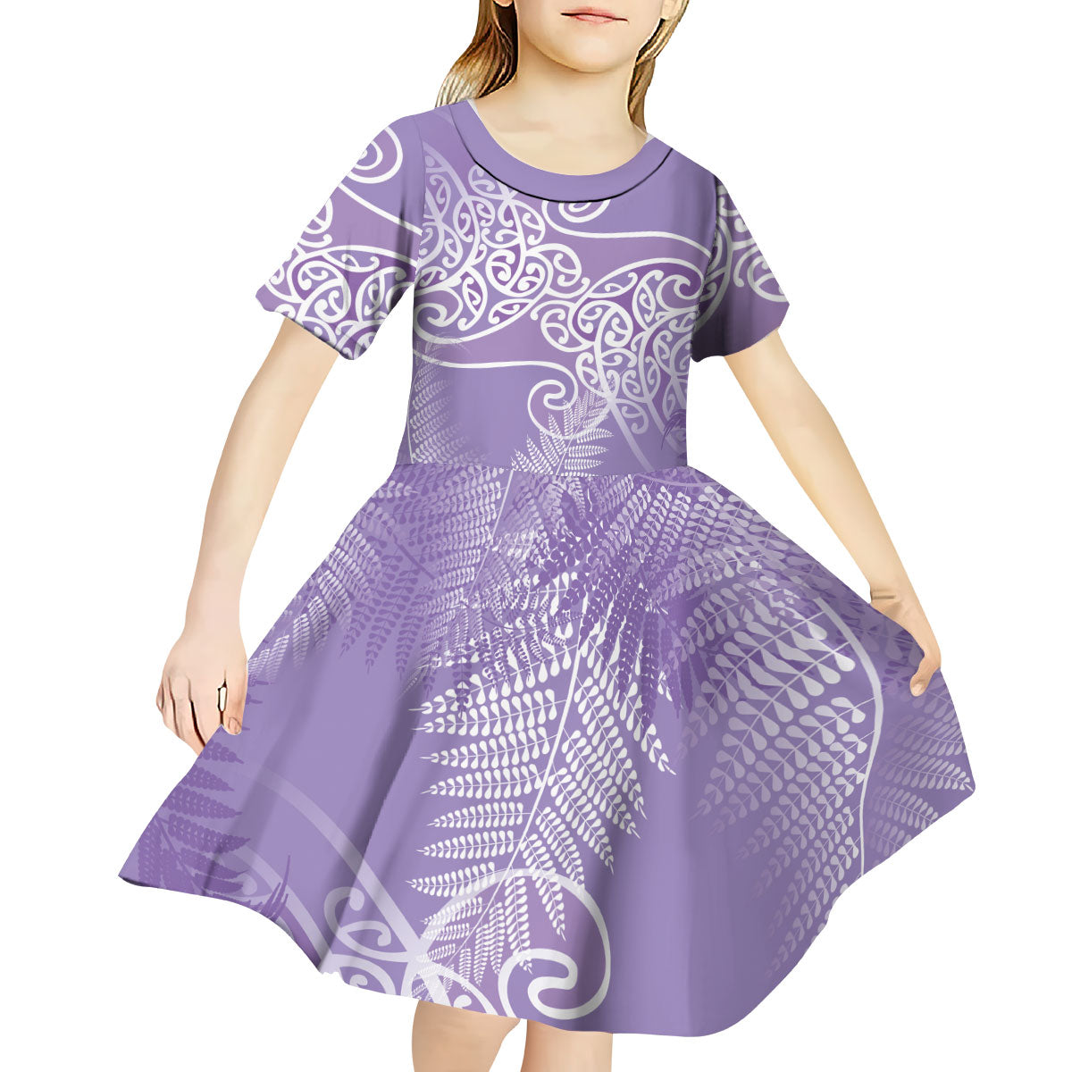 Aotearoa Maori Koru Curves Kid Short Sleeve Dress Silver Ferns - Amethyst LT7 - Polynesian Pride