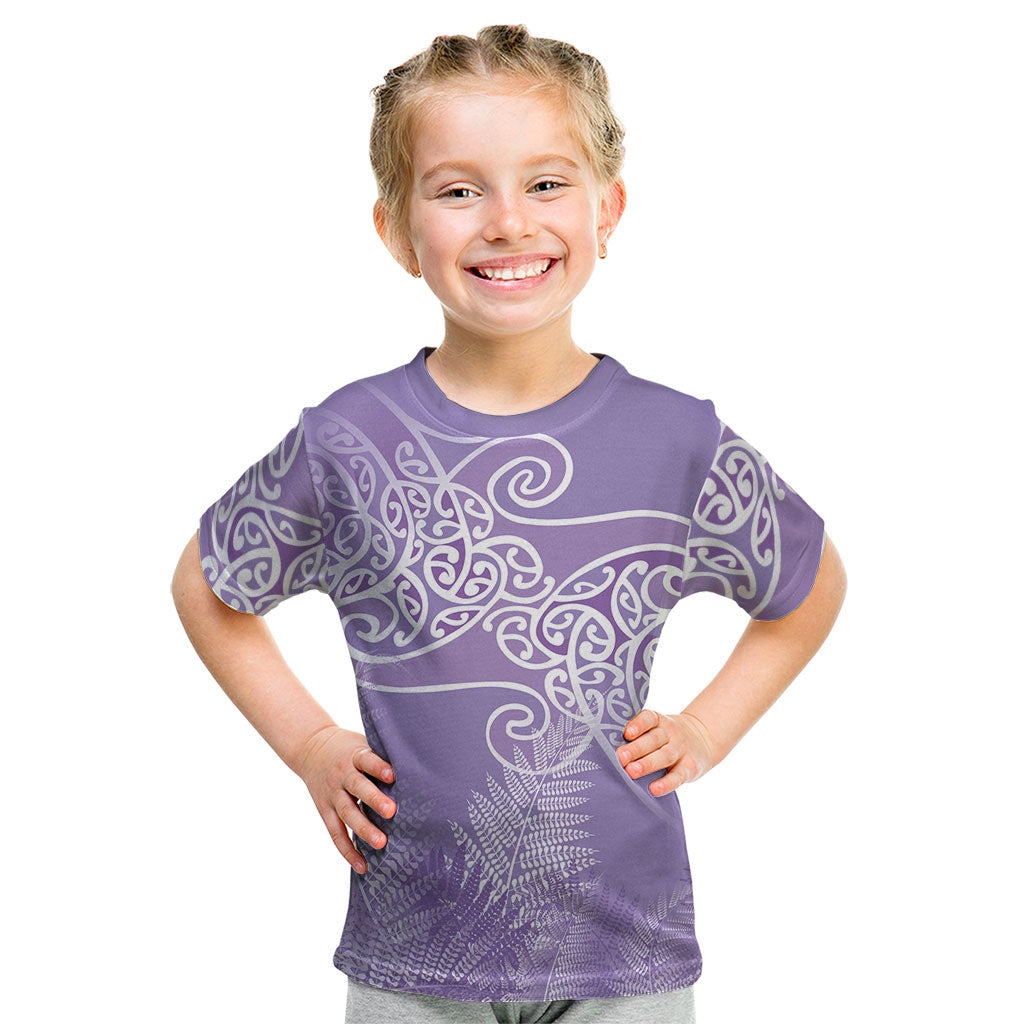 Aotearoa Maori Koru Curves Kid T Shirt Silver Ferns - Amethyst LT7 Purple - Polynesian Pride