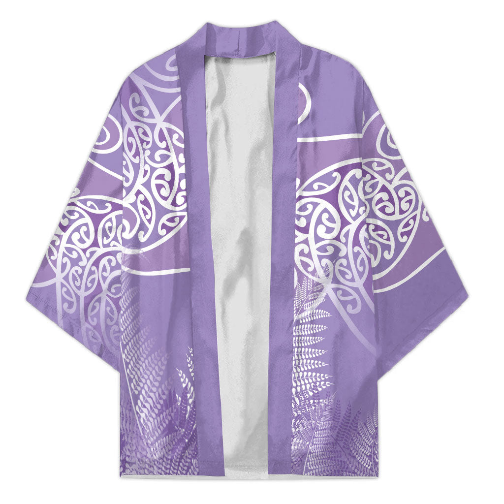 Aotearoa Maori Koru Curves Kimono Silver Ferns - Amethyst LT7 Unisex Purple - Polynesian Pride