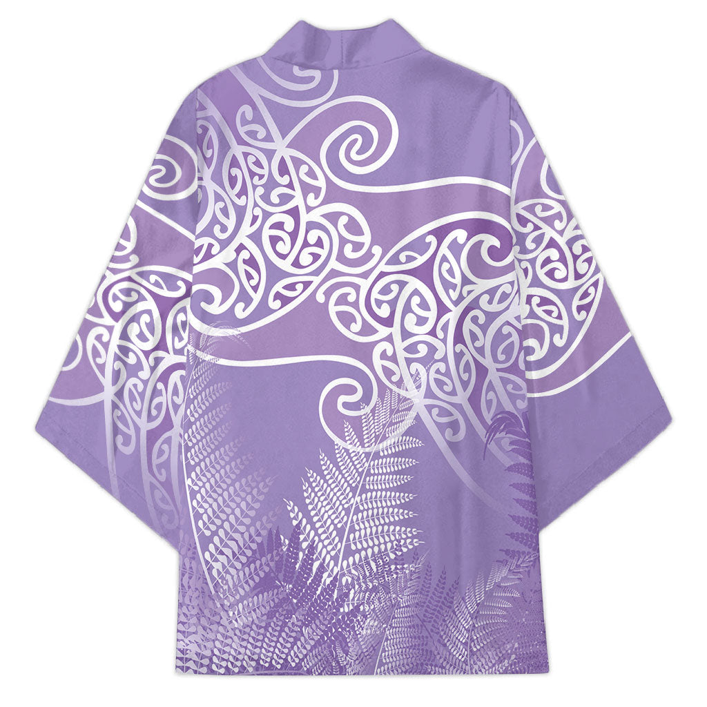 Aotearoa Maori Koru Curves Kimono Silver Ferns - Amethyst LT7 - Polynesian Pride
